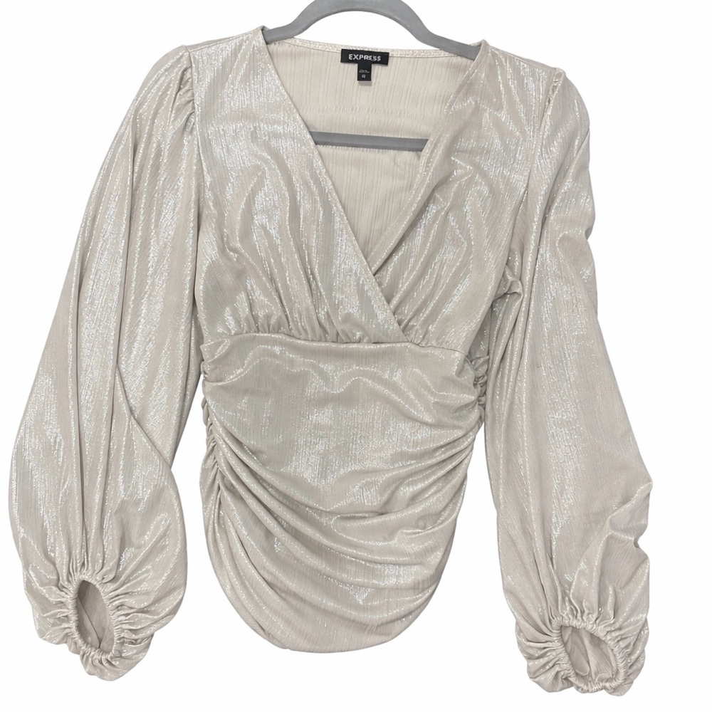 Express Metallic Ruched V-Neck Long Sleeve Blouse - Silver